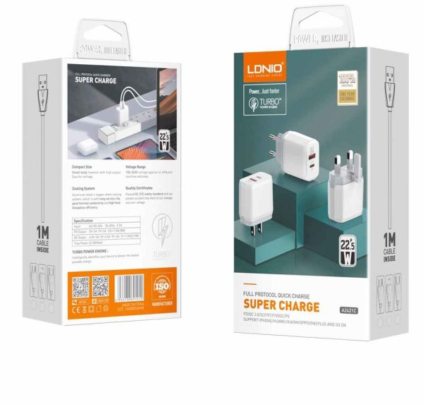 KUĆNI PUNJAČ BRZI 2U1 LDNIO A2421C 22.5W TIP C I USB + USB KABEL TIP C